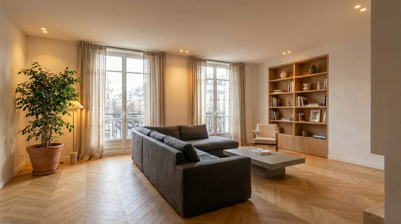 Salon avec éclairage domotique allumé